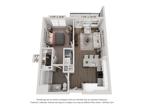 Floor plan for 1 bed, 1 bath, 615 sqft